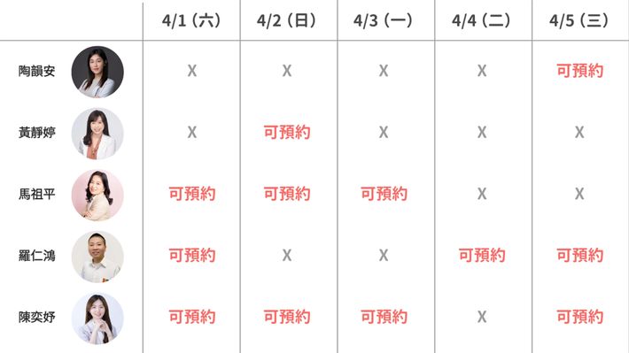 ＄2000 元以上的課程 可供預約時段（1）