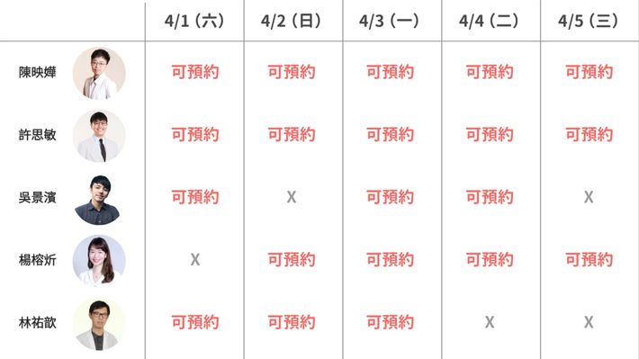 ＄2000 元以上的課程 可供預約時段（2）